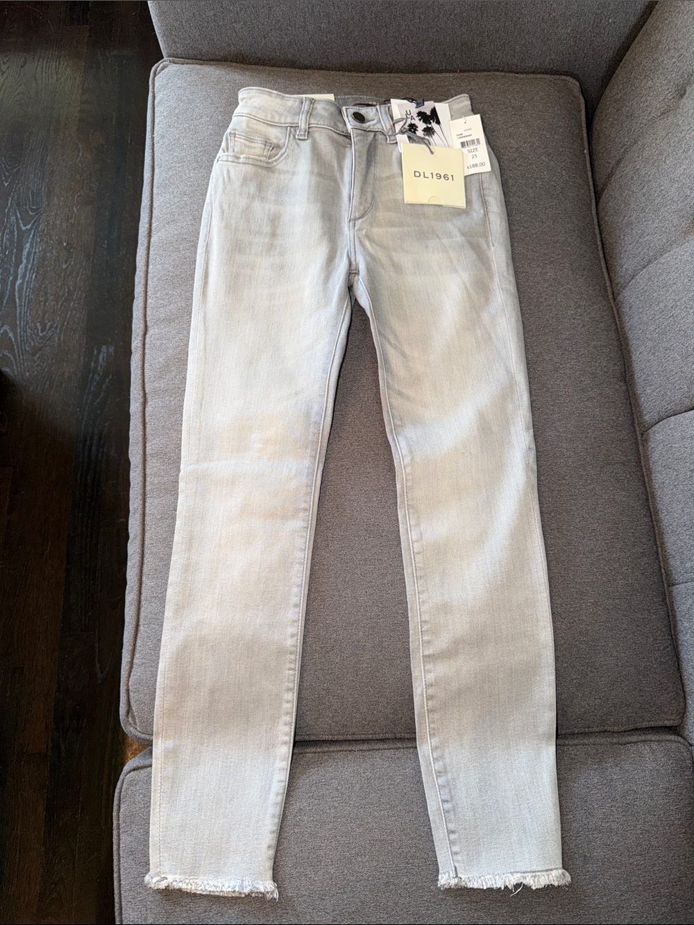 DL1961 Light Grey Skinny Jeans with Frayed Hem